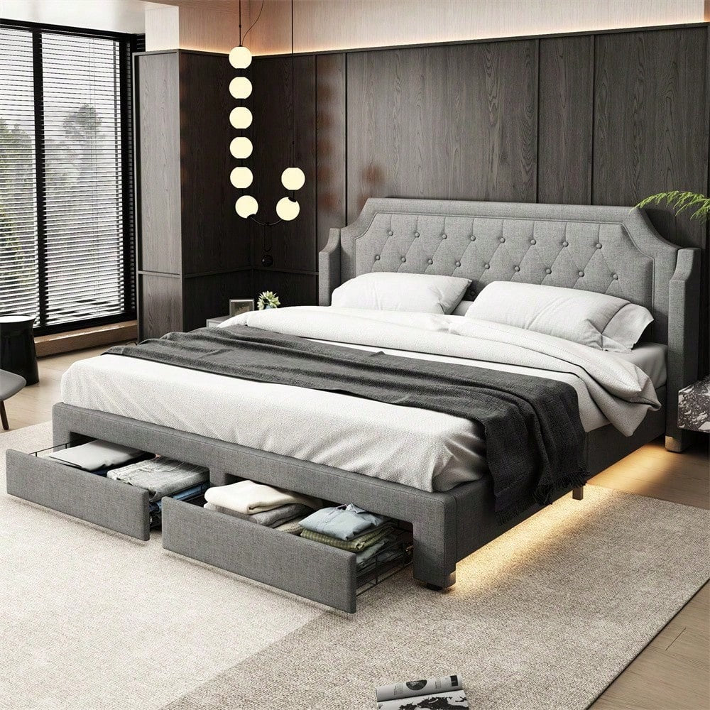 Polsterbett 180*200 mit Lattenrost und Kopfteil, mit 2 Schubladen, LED-Bett, Jugendbett, für Erwachsene & Jugendliche, Holzlattenunterstützung, Einfache Montage, Leinen, grau