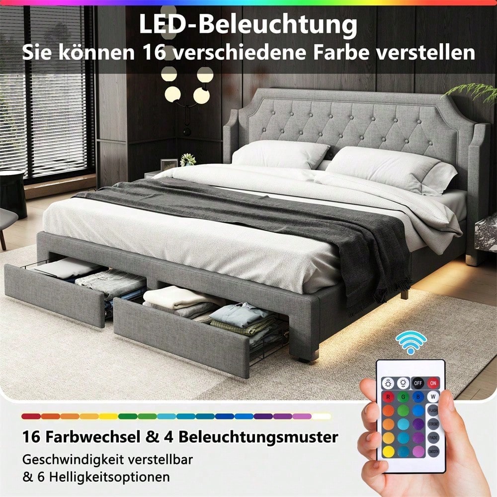 Polsterbett 180*200 mit Lattenrost und Kopfteil, mit 2 Schubladen, LED-Bett, Jugendbett, für Erwachsene & Jugendliche, Holzlattenunterstützung, Einfache Montage, Leinen, grau
