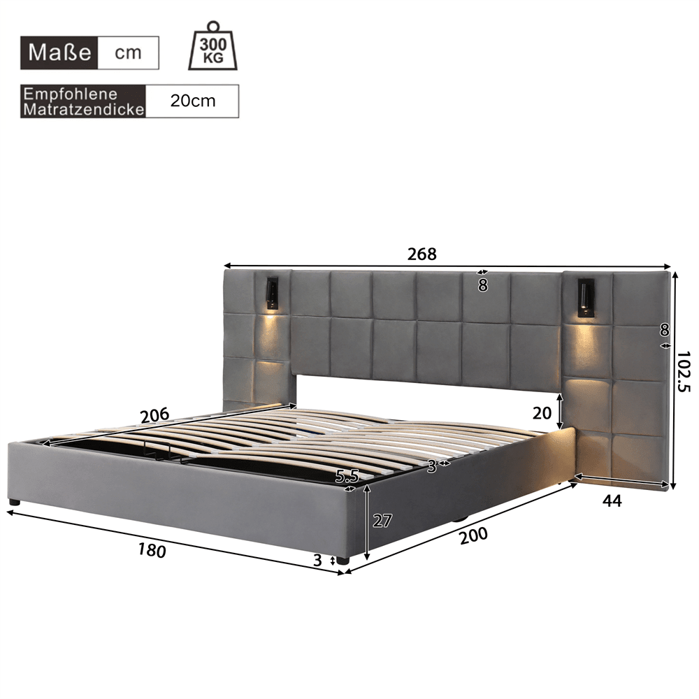 Polsterbett,Hydraulisch Stauraumbett mit richtungsabhängige Lampe und USB-Aufladung,Breites und Schaumstoffgefülltes Kopfteil,Schachbrettmuster, aus Stahlrahmen, Ohne Nachttisch,Samt,180*200cm,grau