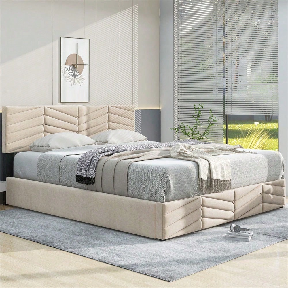 Polsterbett 140*200 mit Lattenrost und Kopfteil, Polsterbett mit höhenverstellbares Kopfteil, für Erwachsene & Jugendliche, Holzlattenunterstützung, Einfache Montage, Holländischer Samt, beige