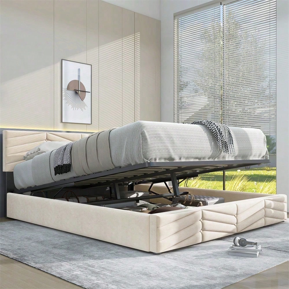 Polsterbett 140*200 mit Lattenrost und Kopfteil, Polsterbett mit höhenverstellbares Kopfteil, für Erwachsene & Jugendliche, Holzlattenunterstützung, Einfache Montage, Holländischer Samt, beige