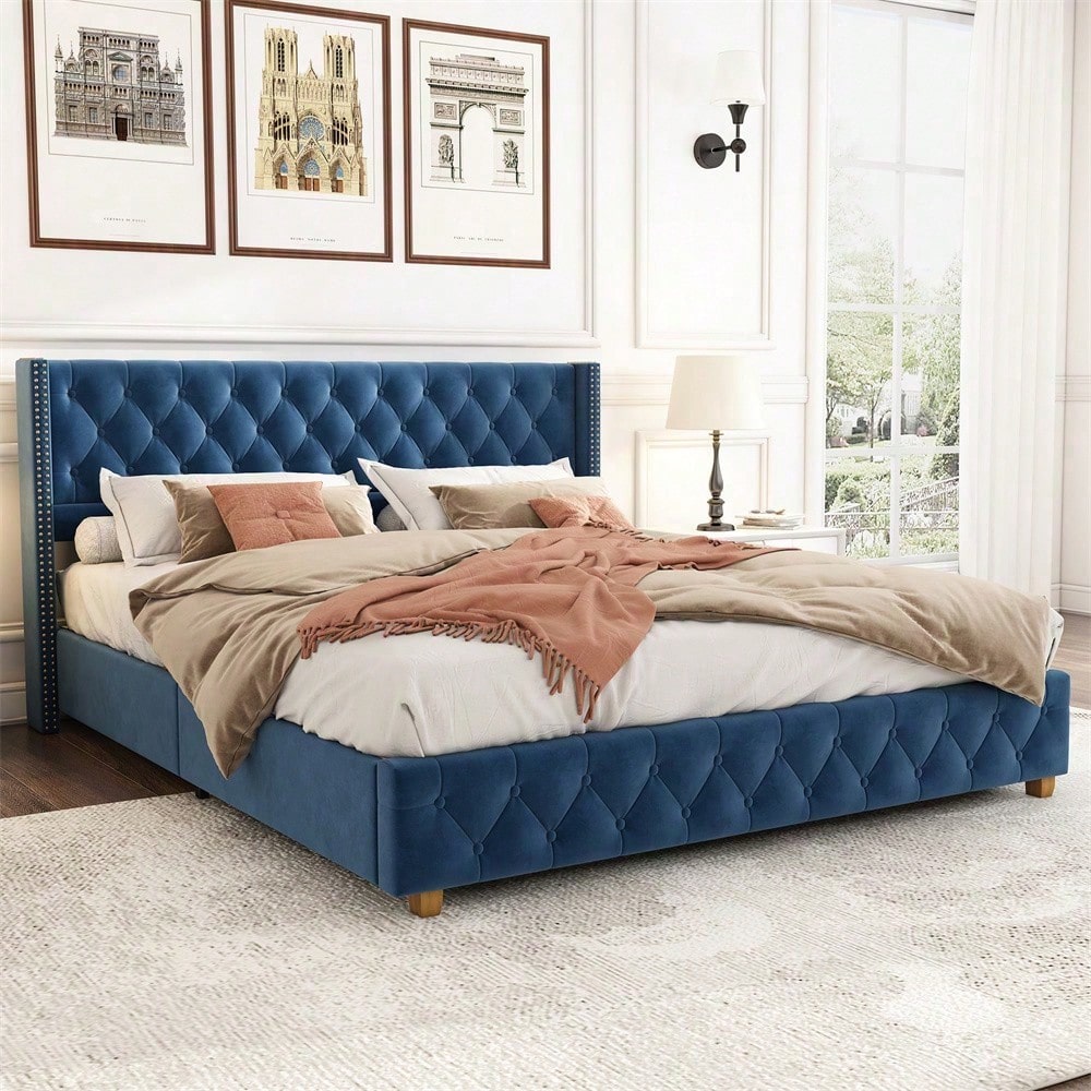 Polsterbett 160*200cm mit Lattenrost und Kopfteil, Knopfpolsterung, Nietenpolsterung, Holzbeine, Samt, Blau