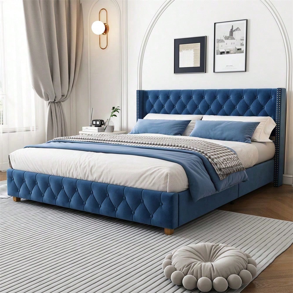 Polsterbett 160*200cm mit Lattenrost und Kopfteil, Knopfpolsterung, Nietenpolsterung, Holzbeine, Samt, Blau