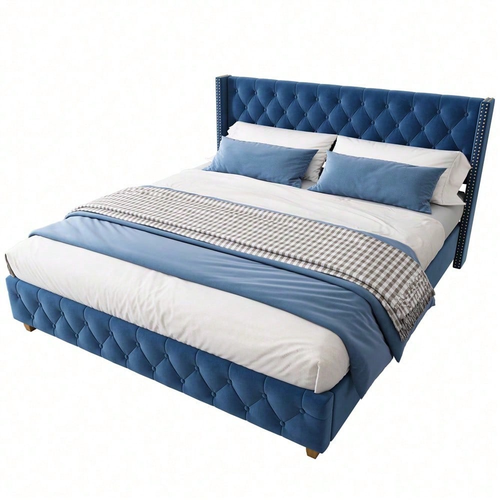 Polsterbett 160*200cm mit Lattenrost und Kopfteil, Knopfpolsterung, Nietenpolsterung, Holzbeine, Samt, Blau