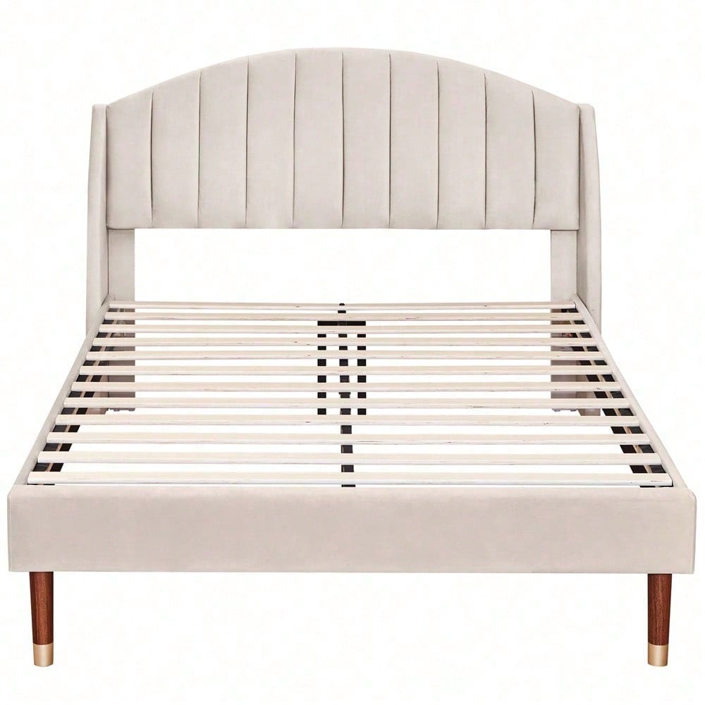 Polsterbett 140*200 mit Lattenrost und Kopfteil, Jugendbett, für Erwachsene & Jugendliche, ohne Matratze, Holzlattenunterstützung, Einfache Montage, Samt, Beige