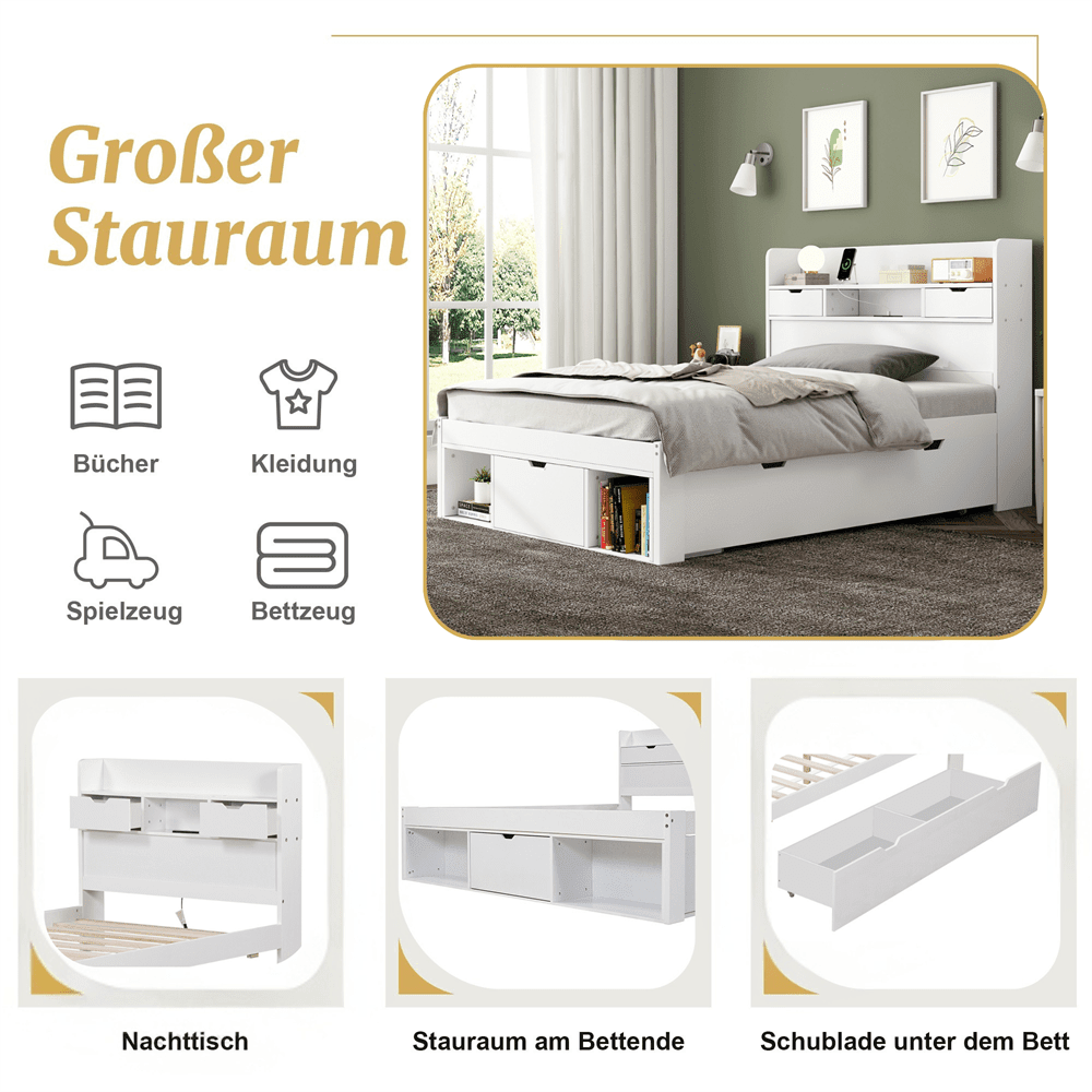 Einzelbett, 90*200cm, Mit USB-port & Schubladen & Stauschrank, Kinderbett, Jugendbett, Multifunktionales Bett, Großer Stauraum, ohne Matratze, weiß