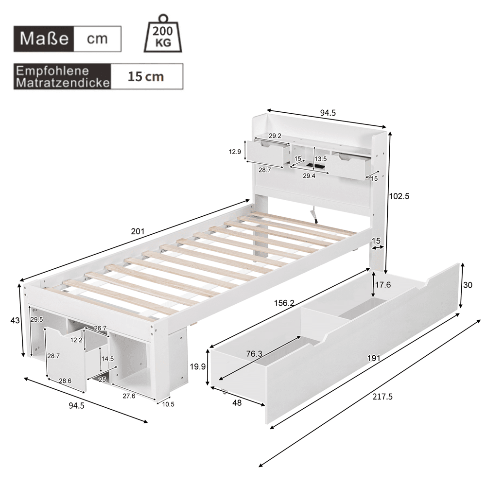 Einzelbett, 90*200cm, Mit USB-port & Schubladen & Stauschrank, Kinderbett, Jugendbett, Multifunktionales Bett, Großer Stauraum, ohne Matratze, weiß