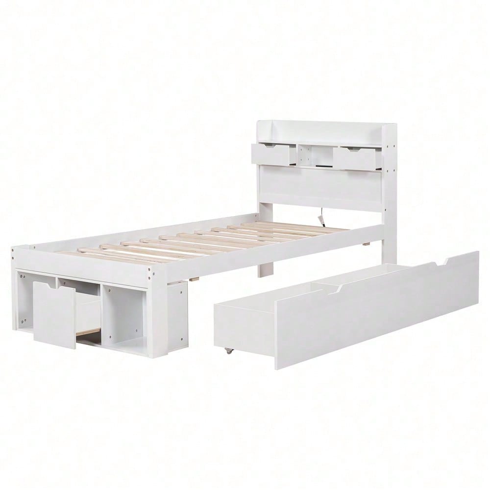 Einzelbett, 90*200cm, Mit USB-port & Schubladen & Stauschrank, Kinderbett, Jugendbett, Multifunktionales Bett, Großer Stauraum, ohne Matratze, weiß