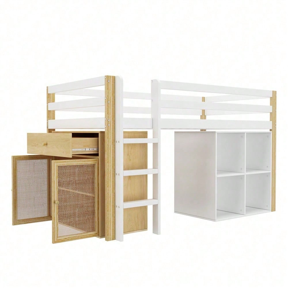 Kinderhochbett, multifunktionales Kinderbett, einzelnes Kinderbett, mit 2 Aufbewahrungsschrank und Leiter, ohne Matratze, 90 x 200 cm, Natur + Weiß