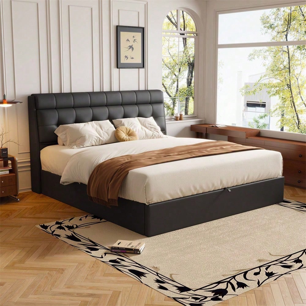 Lit rembourré de style, 140x190, lit hydraulique, Rangement caché au chevet, rangement pour le coffre de lit, PU, avec sommier à lattes et avec tête de lit, sans matelas, noir