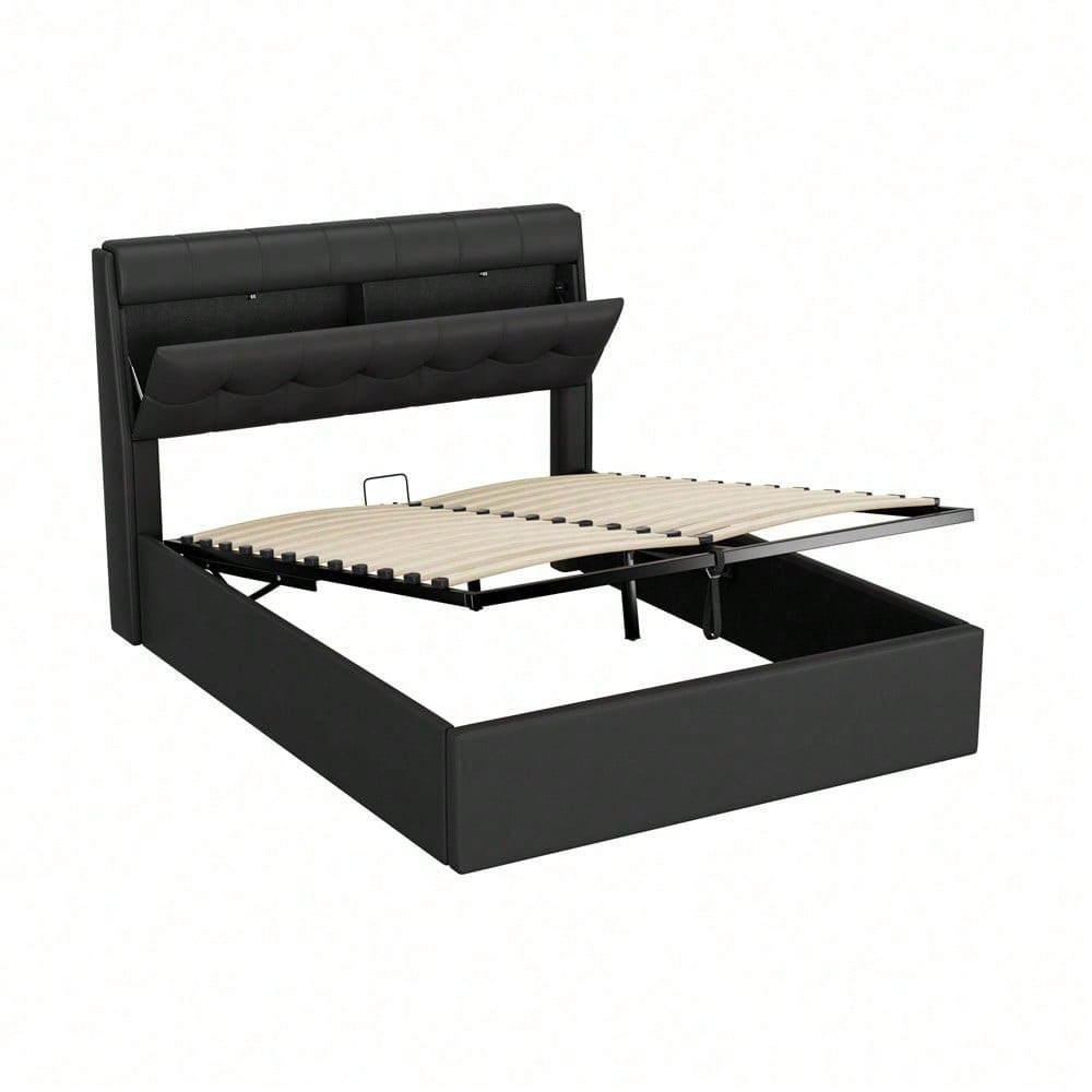 Lit rembourré de style, 140x190, lit hydraulique, Rangement caché au chevet, rangement pour le coffre de lit, PU, avec sommier à lattes et avec tête de lit, sans matelas, noir