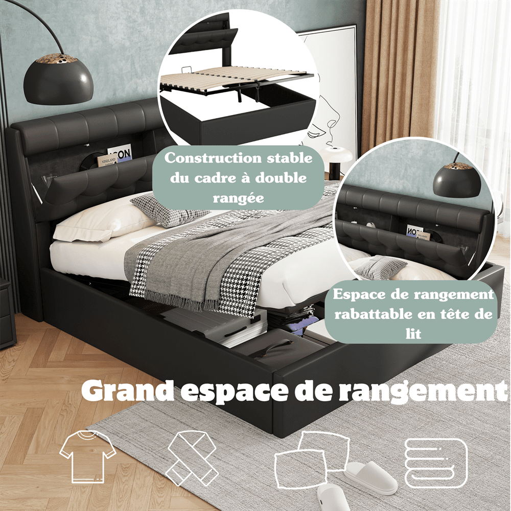 Lit rembourré de style, 140x190, lit hydraulique, Rangement caché au chevet, rangement pour le coffre de lit, PU, avec sommier à lattes et avec tête de lit, sans matelas, noir