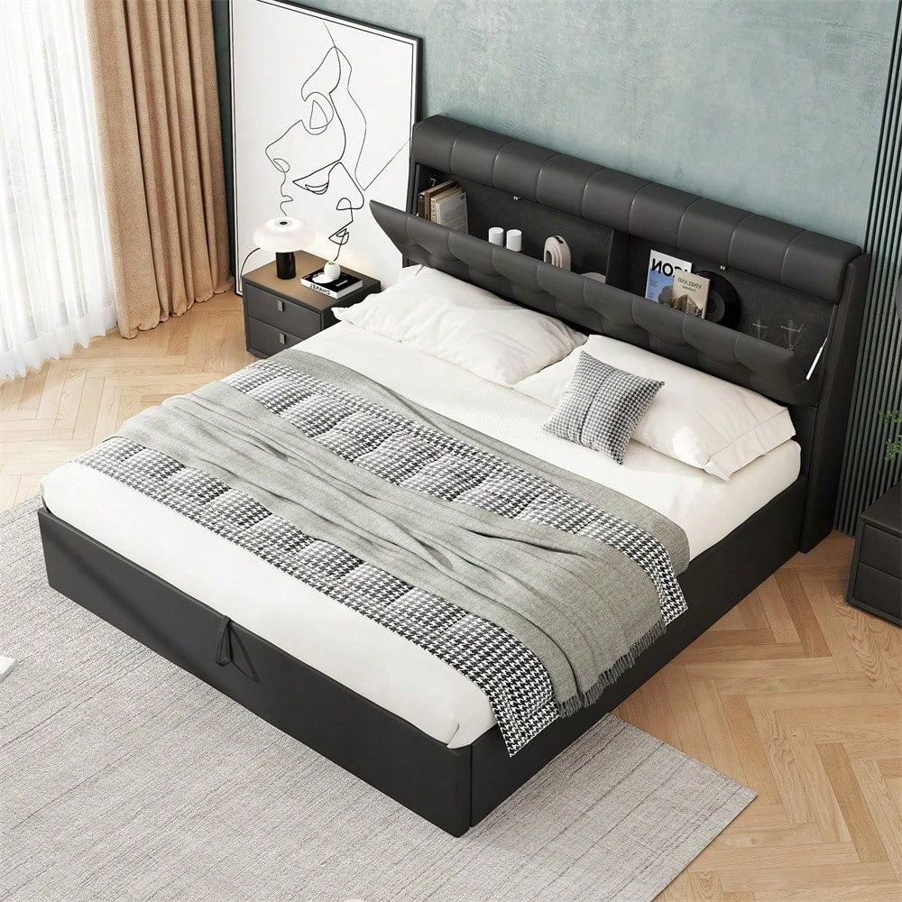 Lit rembourré de style, 140x190, lit hydraulique, Rangement caché au chevet, rangement pour le coffre de lit, PU, avec sommier à lattes et avec tête de lit, sans matelas, noir