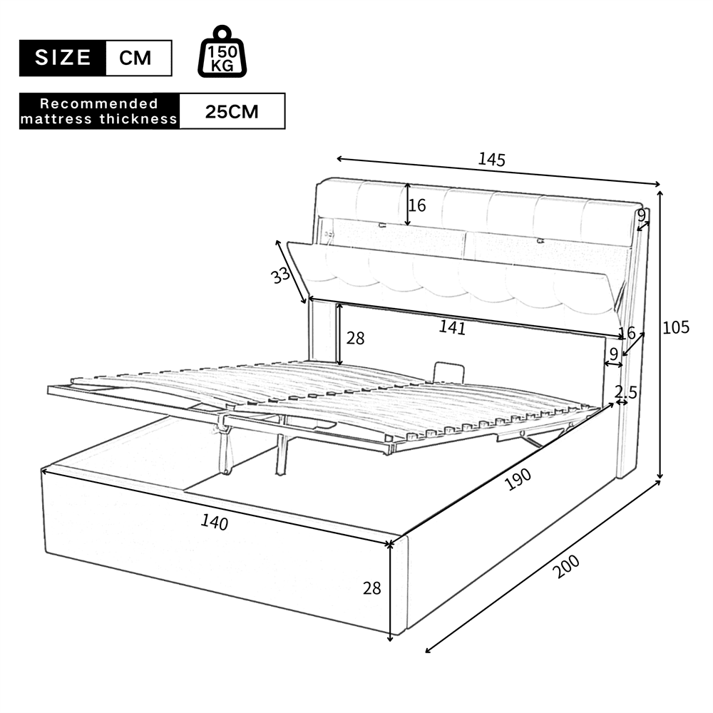 Lit rembourré de style, 140x190, lit hydraulique, Rangement caché au chevet, rangement pour le coffre de lit, PU, avec sommier à lattes et avec tête de lit, sans matelas, noir