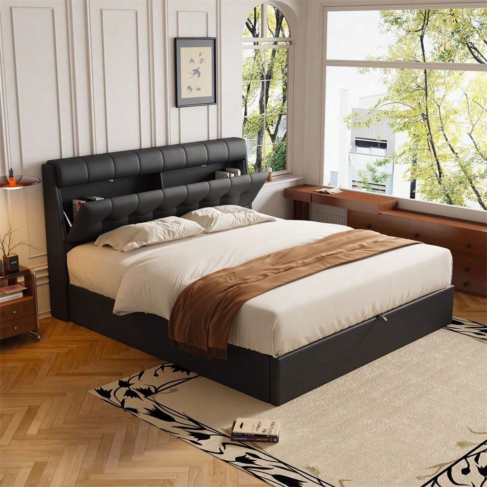 Lit rembourré de style, 140x190, lit hydraulique, Rangement caché au chevet, rangement pour le coffre de lit, PU, avec sommier à lattes et avec tête de lit, sans matelas, noir