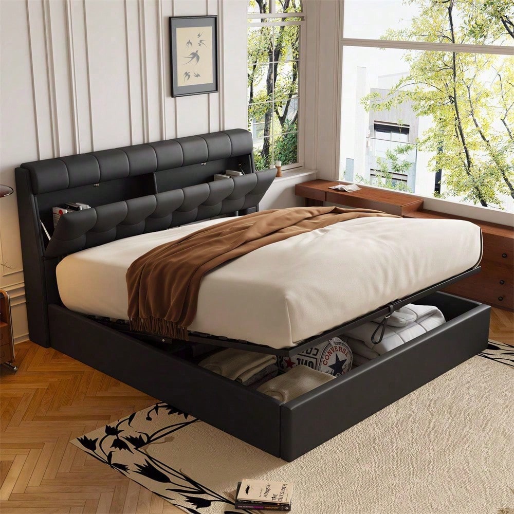 Lit rembourré de style, 140x190, lit hydraulique, Rangement caché au chevet, rangement pour le coffre de lit, PU, avec sommier à lattes et avec tête de lit, sans matelas, noir