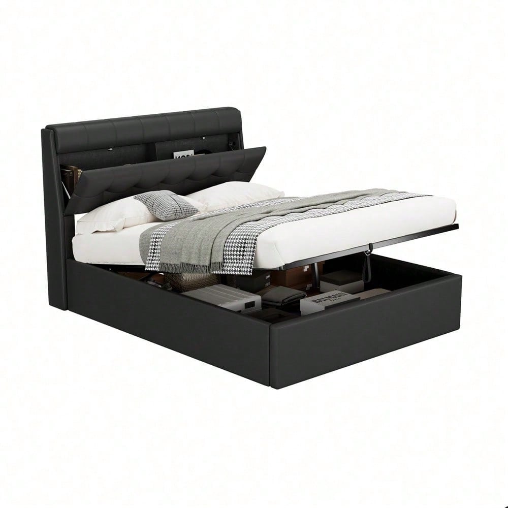 Lit rembourré de style, 140x190, lit hydraulique, Rangement caché au chevet, rangement pour le coffre de lit, PU, avec sommier à lattes et avec tête de lit, sans matelas, noir