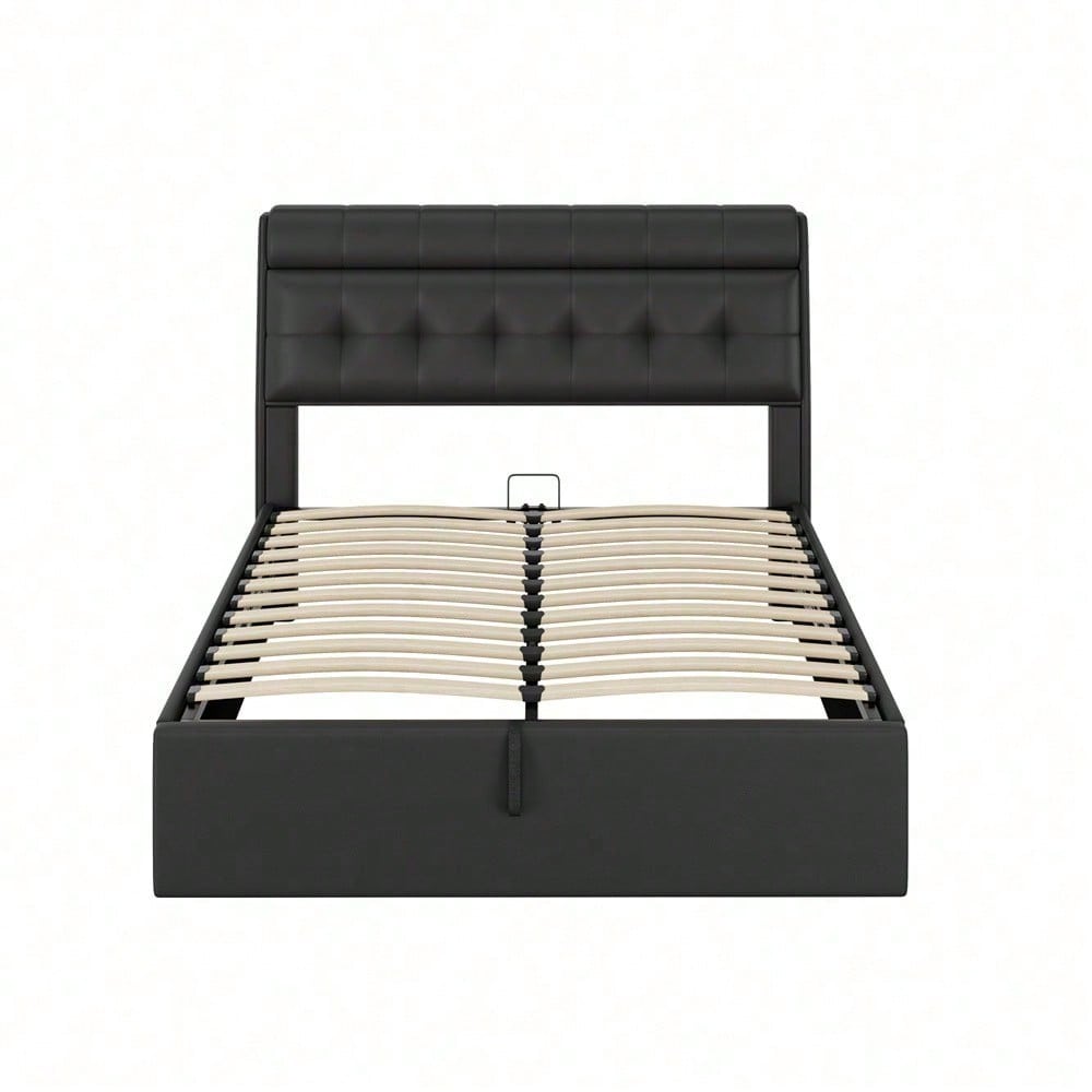Lit rembourré de style, 140x190, lit hydraulique, Rangement caché au chevet, rangement pour le coffre de lit, PU, avec sommier à lattes et avec tête de lit, sans matelas, noir
