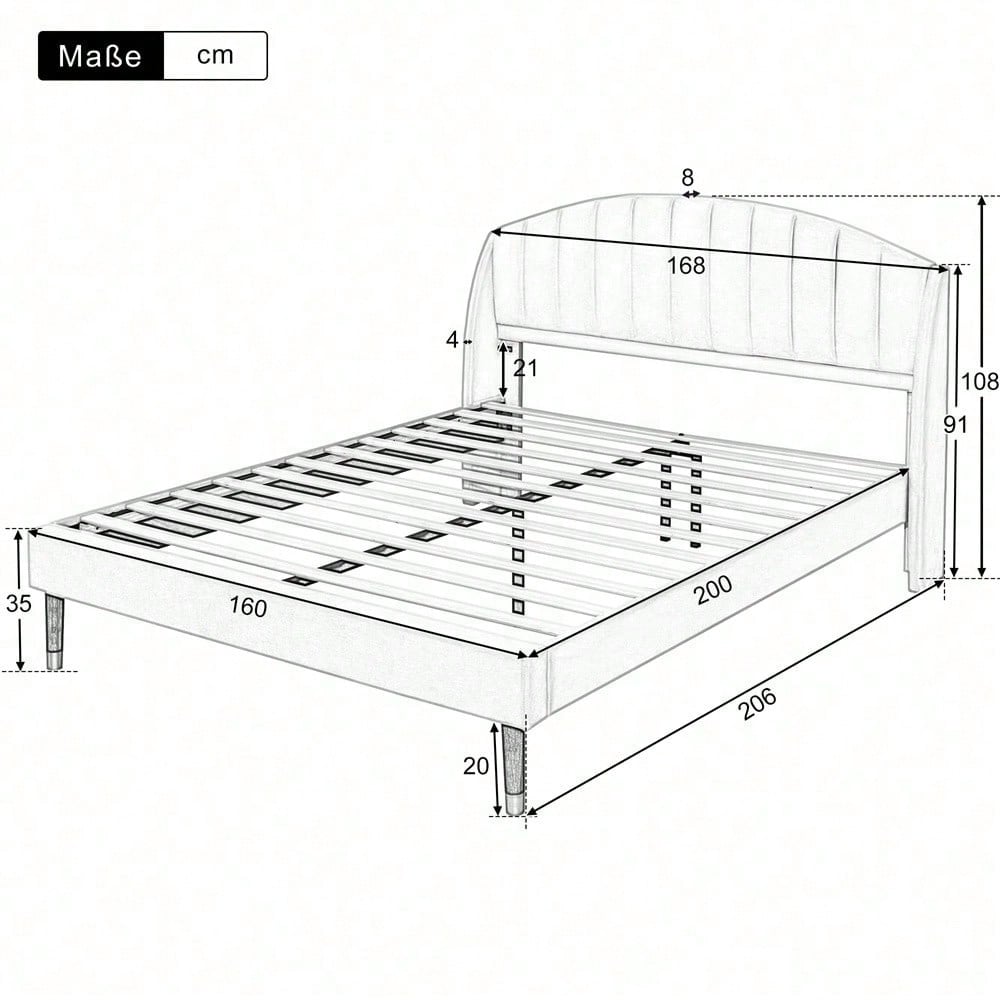 Polsterbett 160*200 mit Lattenrost und Kopfteil, Jugendbett, für Erwachsene & Jugendliche, , ohne Matratze, Holzlattenunterstützung, Einfache Montage, Samt, beige