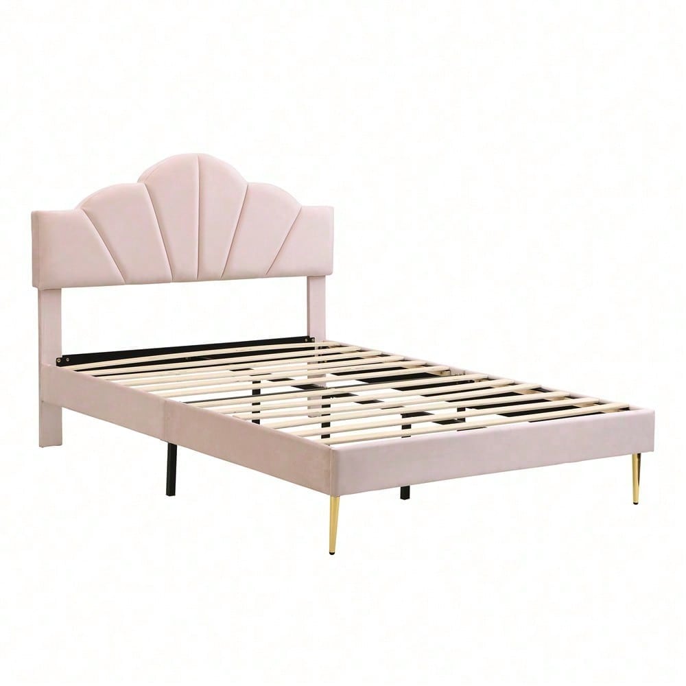 Velours, lit rembourré, 140*190 cm, lit double, lit en forme de coquille avec pieds en fer doré, tête de lit réglable en hauteur, sommier à lattes en bois, rose