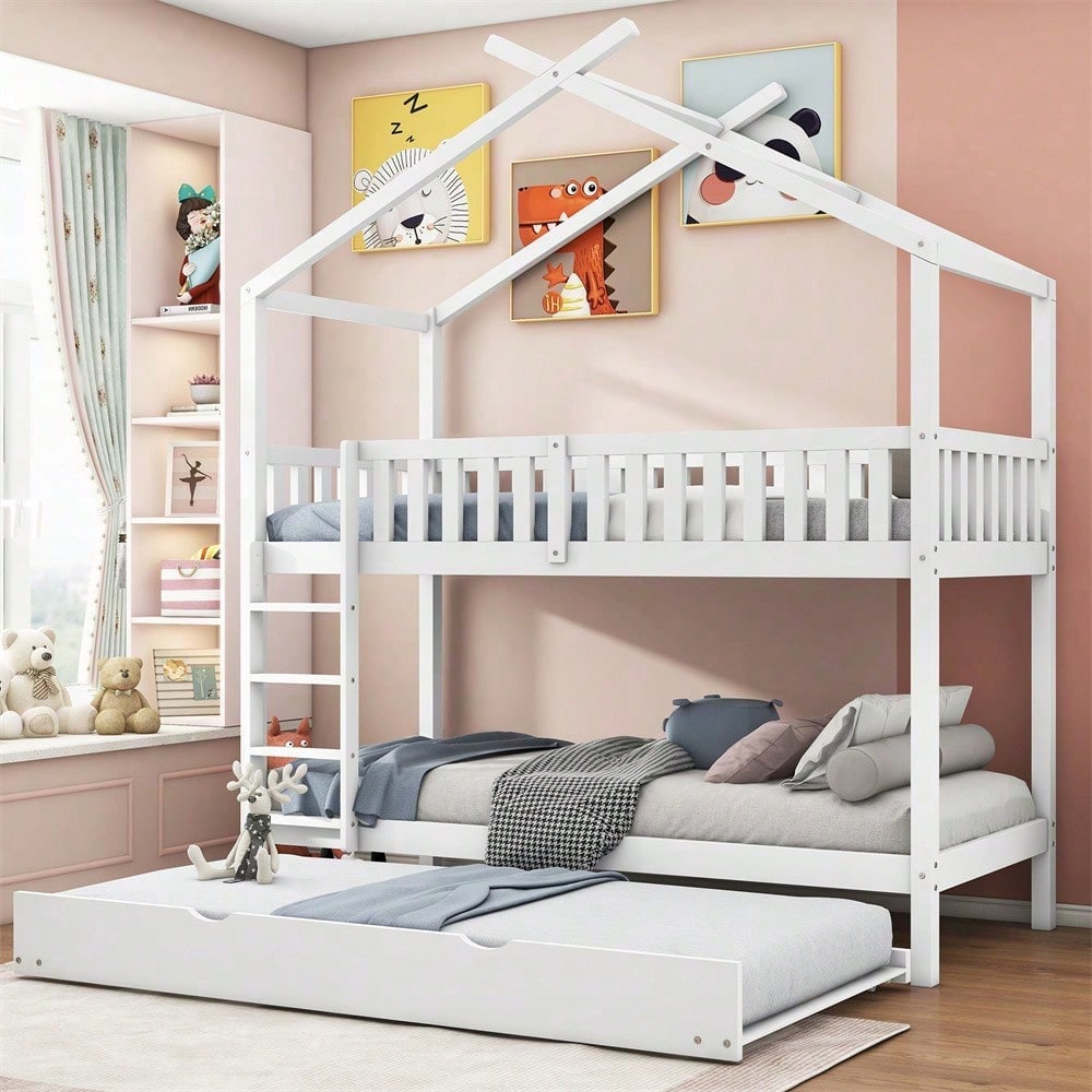 Hausbett Kinderbett Jugendbett, 90x200 cm, drei Betten,Ausziehbar, Platzsparendes Design, Weiß