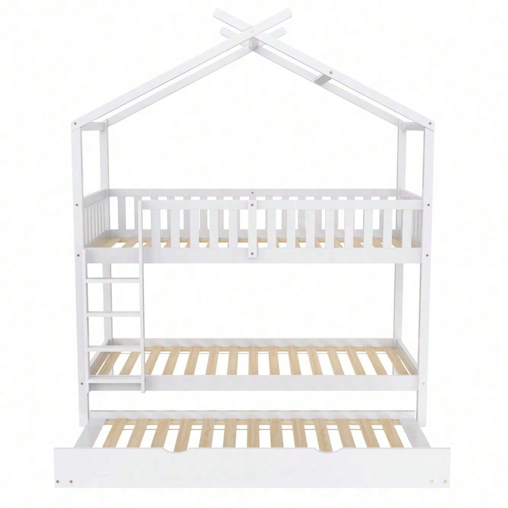 Hausbett Kinderbett Jugendbett, 90x200 cm, drei Betten,Ausziehbar, Platzsparendes Design, Weiß