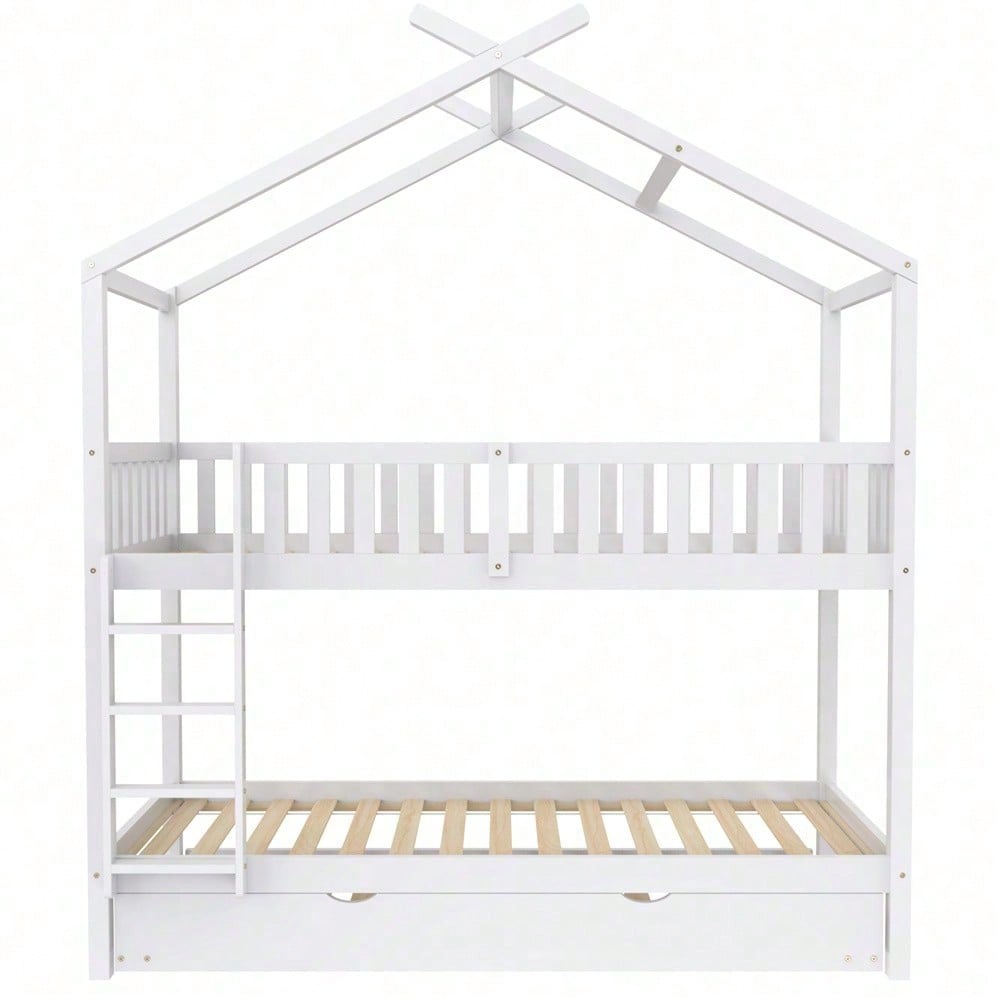 Hausbett Kinderbett Jugendbett, 90x200 cm, drei Betten,Ausziehbar, Platzsparendes Design, Weiß