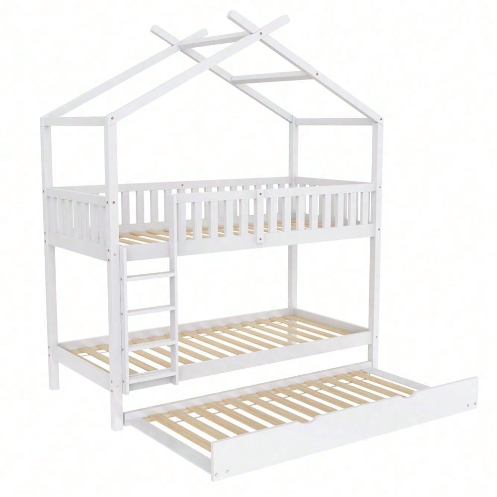 Hausbett Kinderbett Jugendbett, 90x200 cm, drei Betten,Ausziehbar, Platzsparendes Design, Weiß