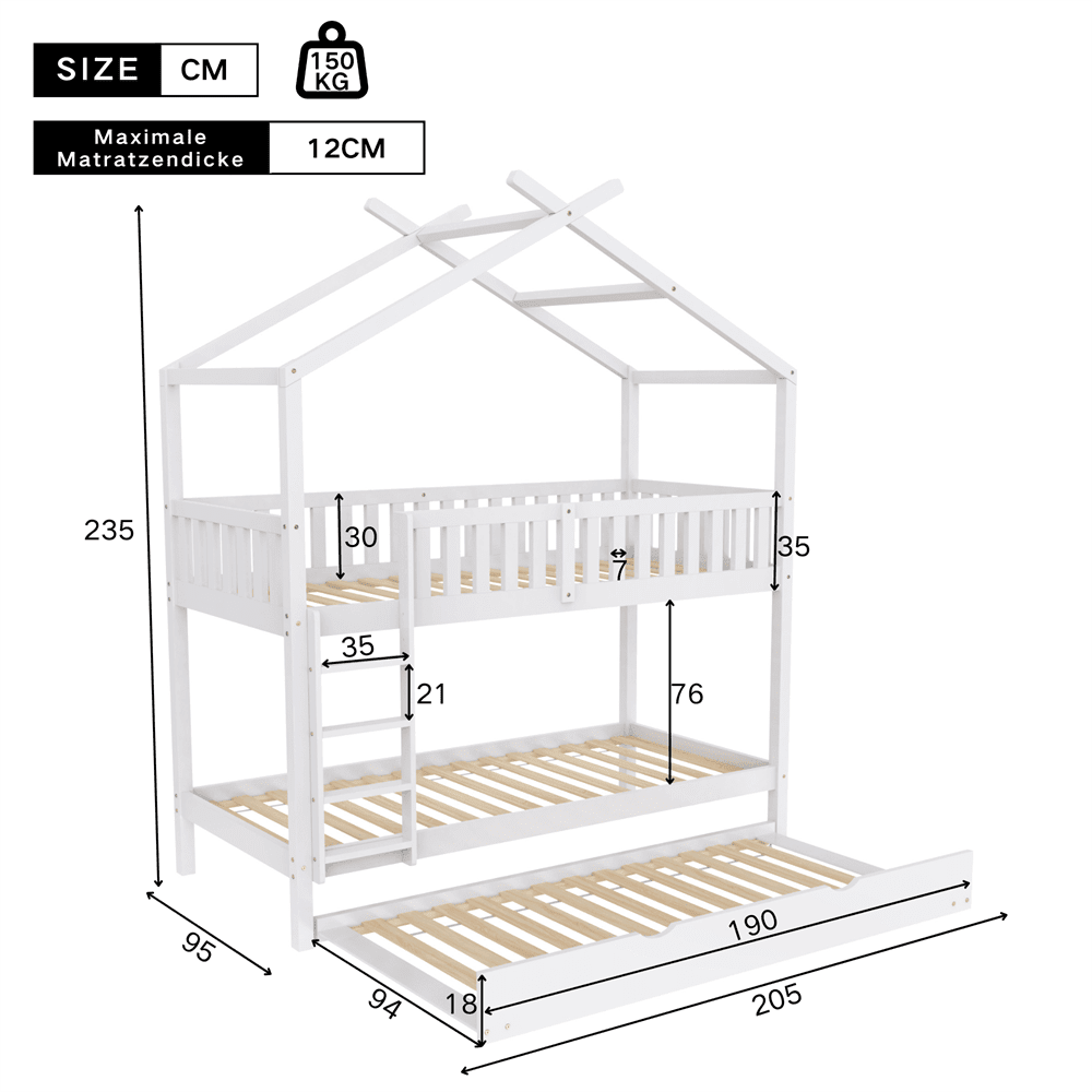 Hausbett Kinderbett Jugendbett, 90x200 cm, drei Betten,Ausziehbar, Platzsparendes Design, Weiß