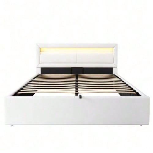 Polsterbett, LED-Bett, 140*200cm, mit Lattenrost und Stauraum, ohne Matratze, mit beleuchtetem Kopfteil in diversen Farben, Weiß,Kopfteil & Kunstleder
