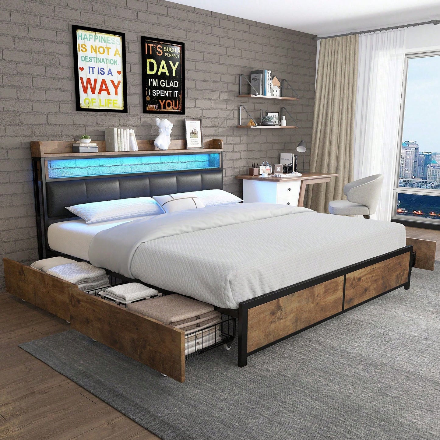 Polsterbett 140*200 mit Lattenrost, Kopfteil und 4 Schubladen – LED-Bett, Jugendbett für Erwachsene & Jugendliche, Aufbewahrungsfunktion, einfache Montage, PU, schwarz