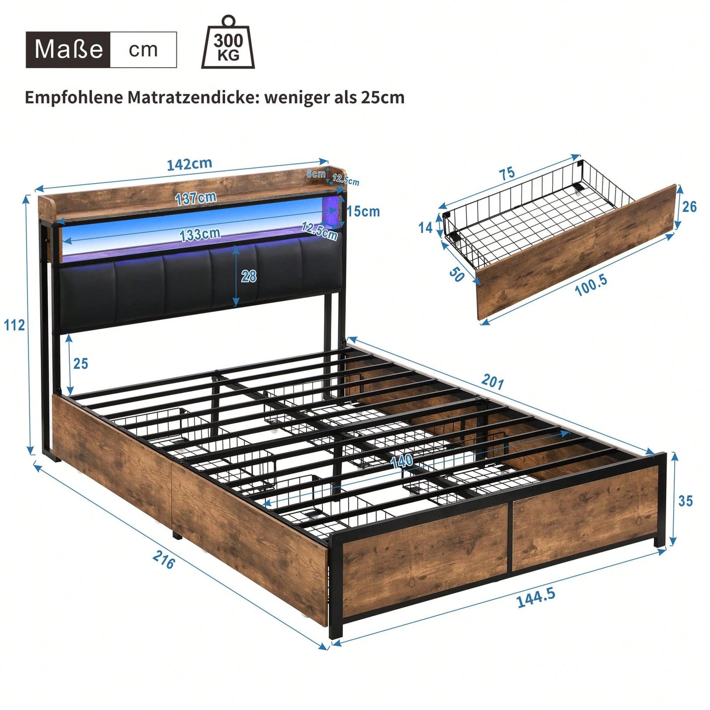 Polsterbett 140*200 mit Lattenrost, Kopfteil und 4 Schubladen – LED-Bett, Jugendbett für Erwachsene & Jugendliche, Aufbewahrungsfunktion, einfache Montage, PU, schwarz
