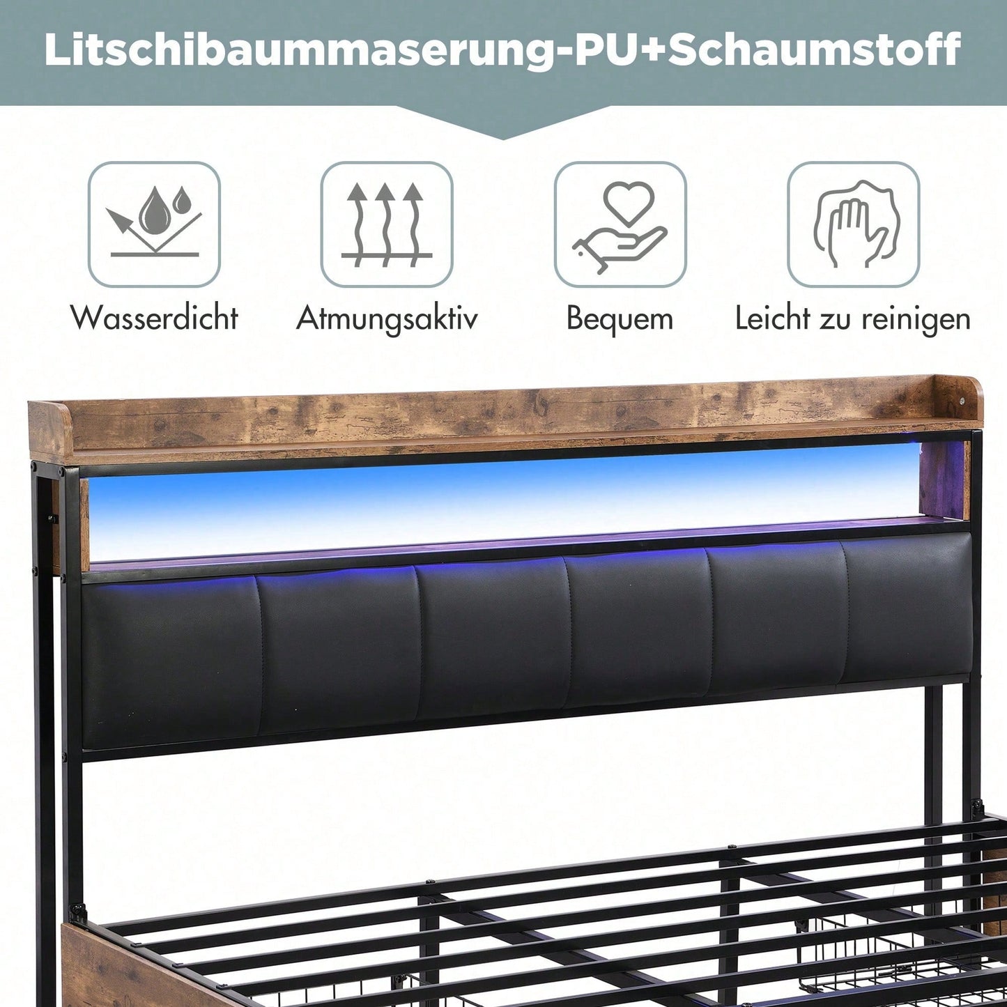 Polsterbett 140*200 mit Lattenrost, Kopfteil und 4 Schubladen – LED-Bett, Jugendbett für Erwachsene & Jugendliche, Aufbewahrungsfunktion, einfache Montage, PU, schwarz