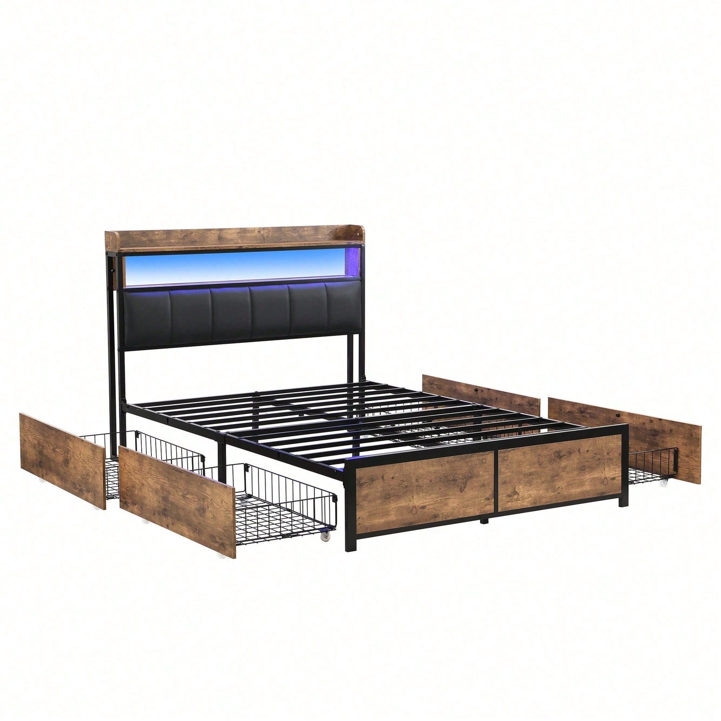 Polsterbett 140*200 mit Lattenrost, Kopfteil und 4 Schubladen – LED-Bett, Jugendbett für Erwachsene & Jugendliche, Aufbewahrungsfunktion, einfache Montage, PU, schwarz