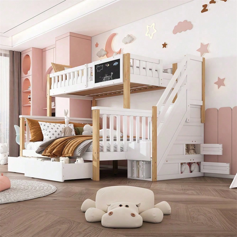 Kinder-Etagenbett, Doppelbett, multifunktionales Kinderbett, mit Tafel und Schubladen, ohne Matratze, weiß, 90*200