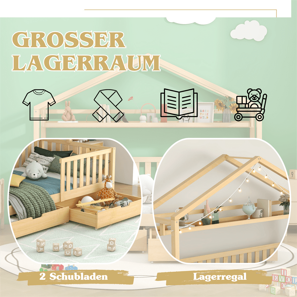 Kinderbett in Holzfarbe,Kinderbett Hausbett mit Schubladen,Massivholz mit Lattenrost, Kiefernholz Hausbett , Kinder und Jugendzimmer,90x200,Natur