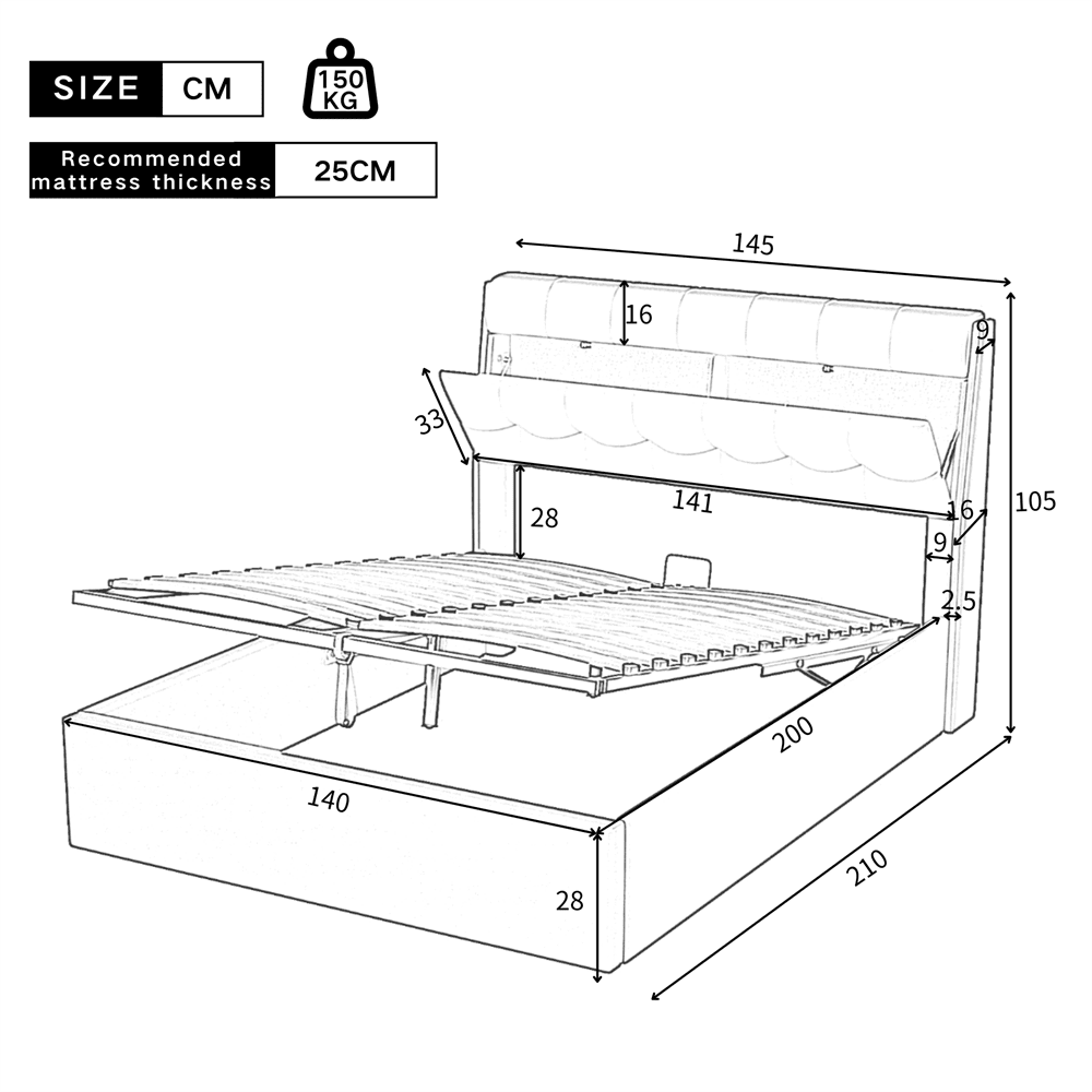 Stilvolles Polsterbett, 140*200, hydraulisches Bett, verdeckte Kopfteilablage, Bettkastenablage, PU, mit Lattenrost und mit Kopfteil, ohne Matratze, Weiß