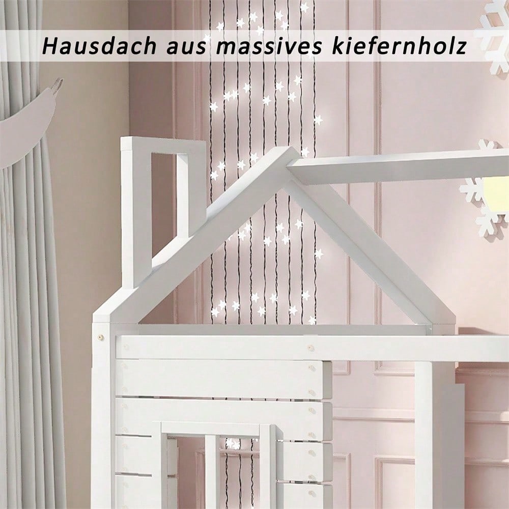 Hausbett Kinderbett Jugendbett 90*200 mit Rausfallschutz vielseitiges Holz Kinderbett für Jungen & Mädchen, Massivholz Kinder Bett mit Rausfallschutz Fenster und Lattenrost, Weiss