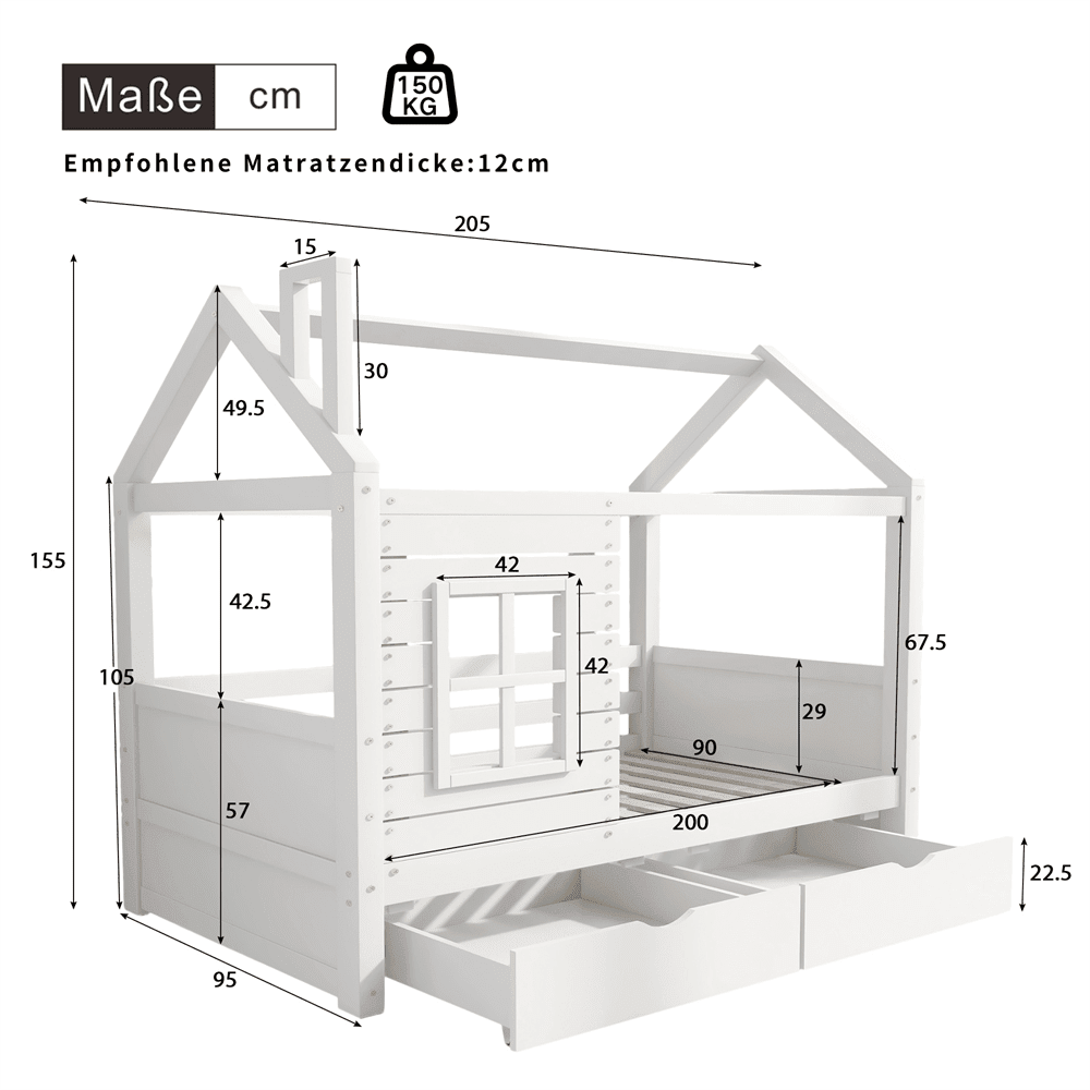 Hausbett Kinderbett Jugendbett 90*200 mit Rausfallschutz vielseitiges Holz Kinderbett für Jungen & Mädchen, Massivholz Kinder Bett mit Rausfallschutz Fenster und Lattenrost, Weiss