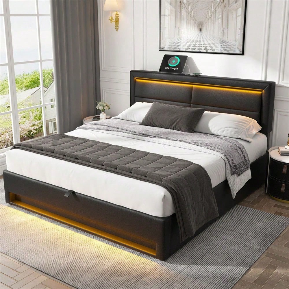 Lit rembourré 140 x 190 cm, avec port USB (supporte le chargement sans fil et filaire), avec éclairage LED et espace de rangement, sans matelas, PU-Lychee design, noir