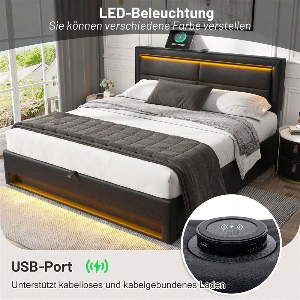 Lit rembourré 140 x 190 cm, avec port USB (supporte le chargement sans fil et filaire), avec éclairage LED et espace de rangement, sans matelas, PU-Lychee design, noir