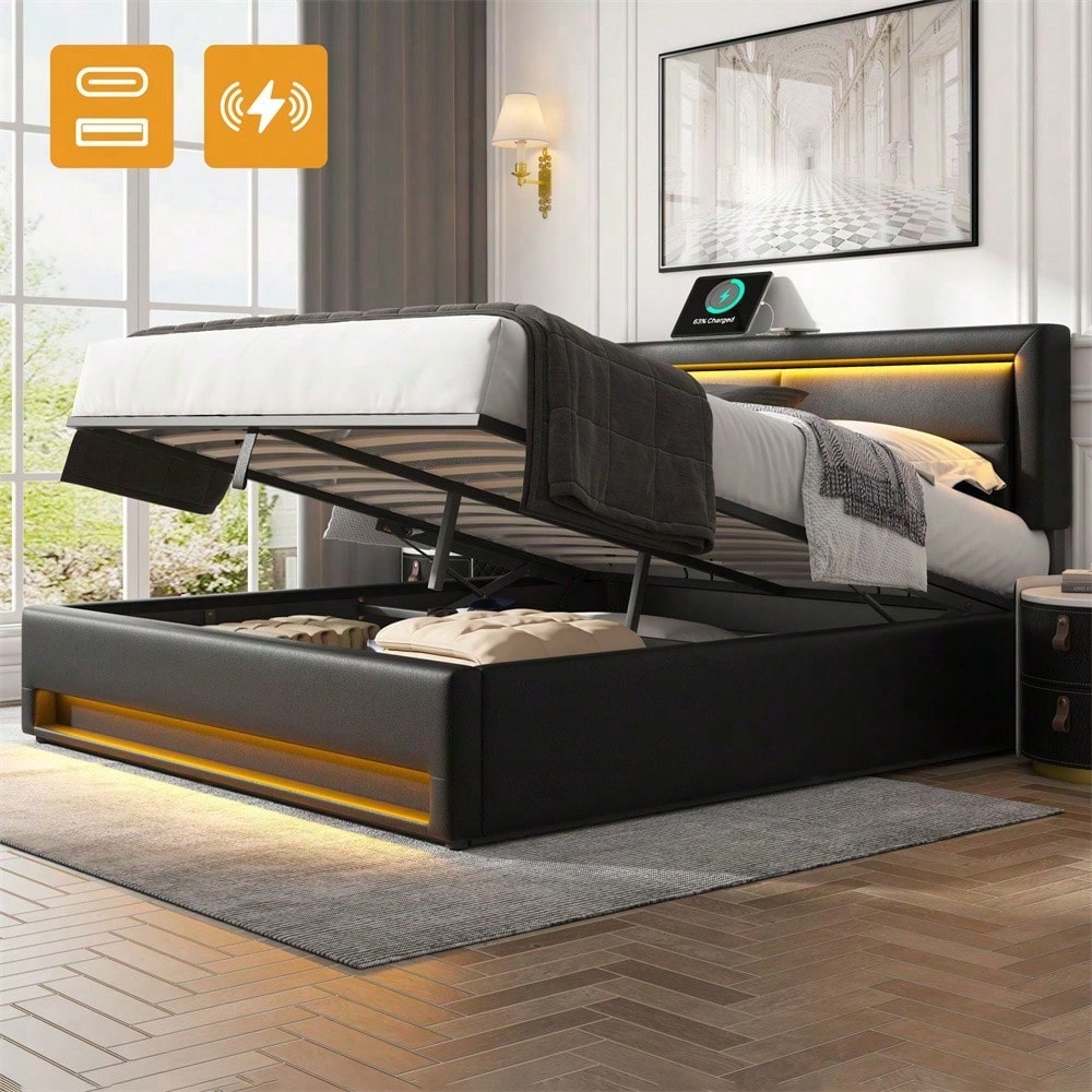 Lit rembourré 140 x 190 cm, avec port USB (supporte le chargement sans fil et filaire), avec éclairage LED et espace de rangement, sans matelas, PU-Lychee design, noir