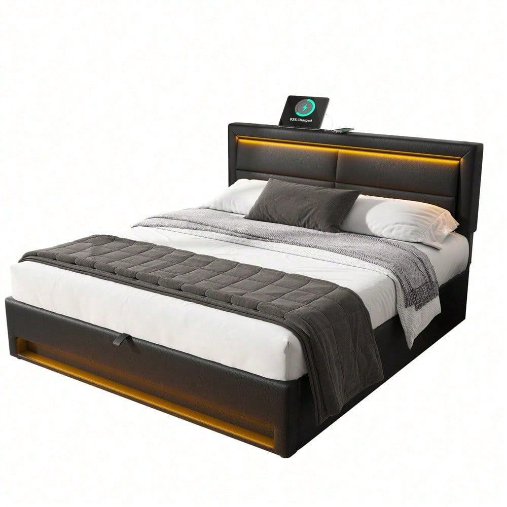 Lit rembourré 140 x 190 cm, avec port USB (supporte le chargement sans fil et filaire), avec éclairage LED et espace de rangement, sans matelas, PU-Lychee design, noir