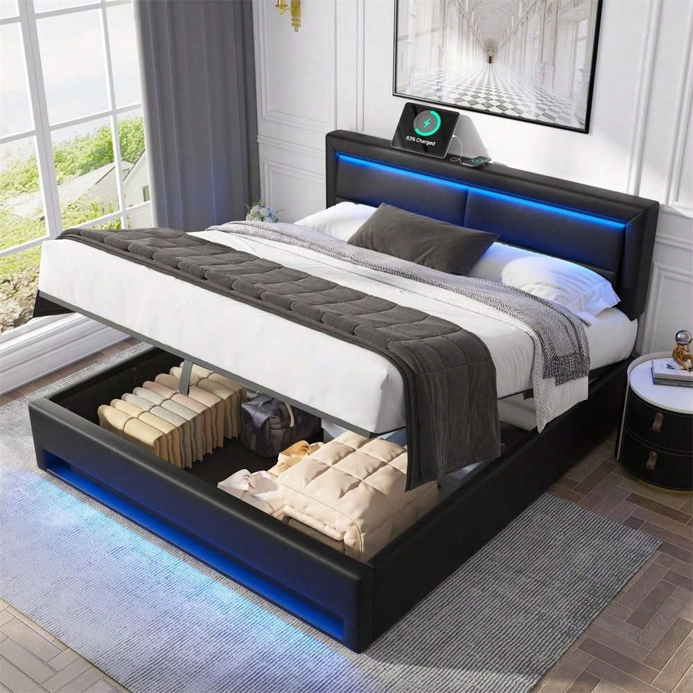 Lit rembourré 140 x 190 cm, avec port USB (supporte le chargement sans fil et filaire), avec éclairage LED et espace de rangement, sans matelas, PU-Lychee design, noir