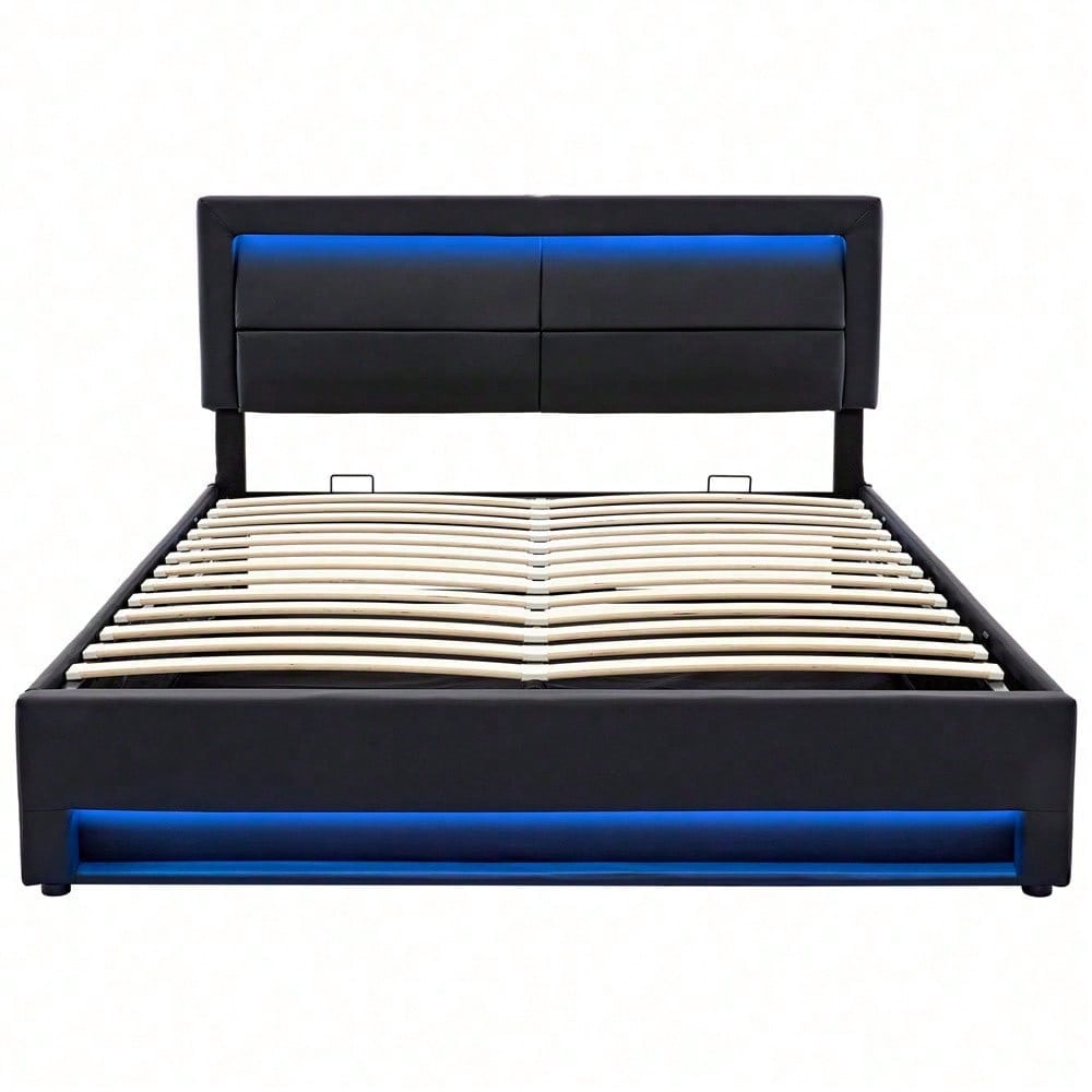 Lit rembourré 140 x 190 cm, avec port USB (supporte le chargement sans fil et filaire), avec éclairage LED et espace de rangement, sans matelas, PU-Lychee design, noir