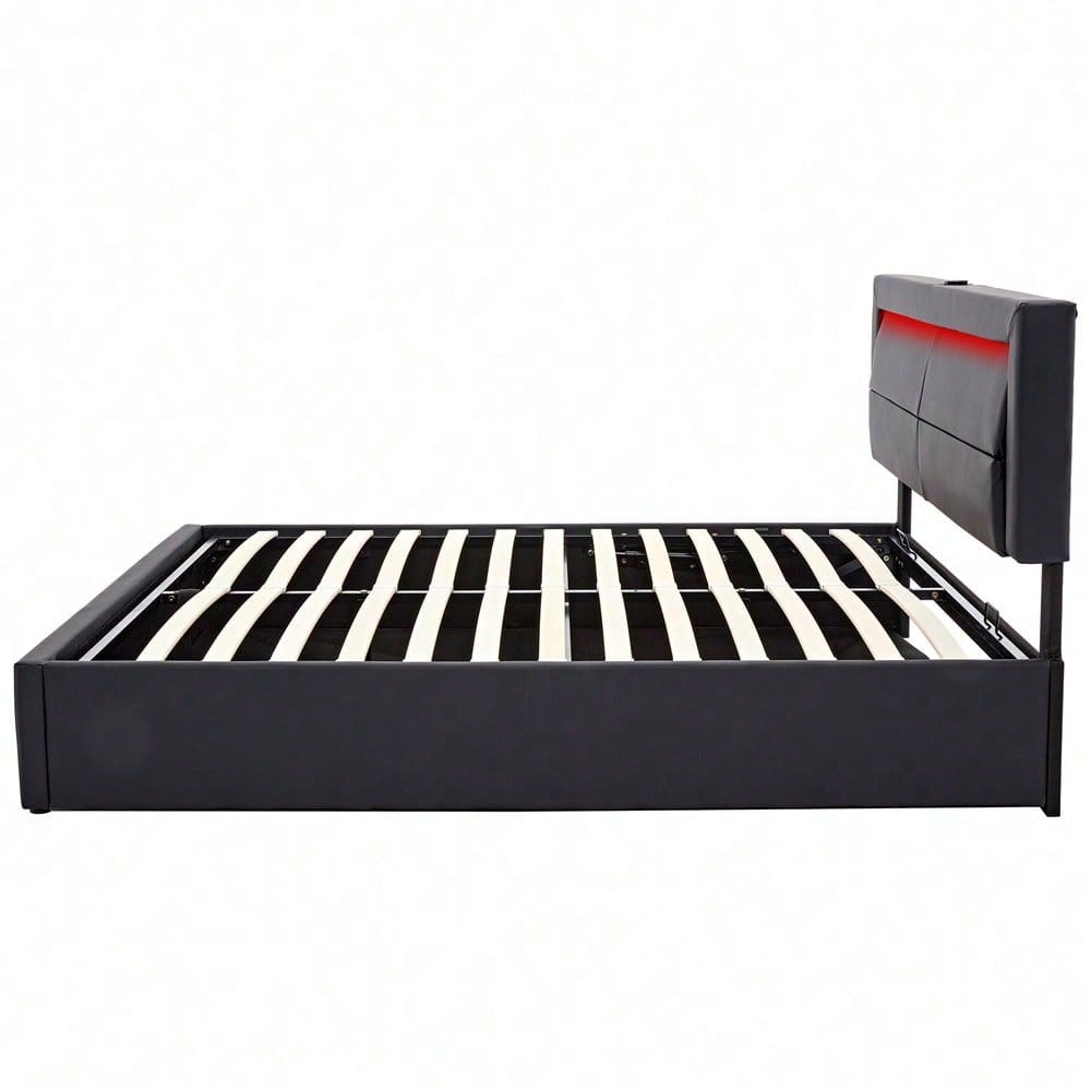 Lit rembourré 140 x 190 cm, avec port USB (supporte le chargement sans fil et filaire), avec éclairage LED et espace de rangement, sans matelas, PU-Lychee design, noir