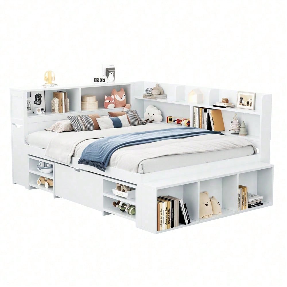 Kinderbett, 140*200 cm, Einzelbett, multifunktionales Kinderbett mit Schubladen, Bücherregal und Stauschrank, großer Stauraum, Lattenrost, ohne Matratze, weiß