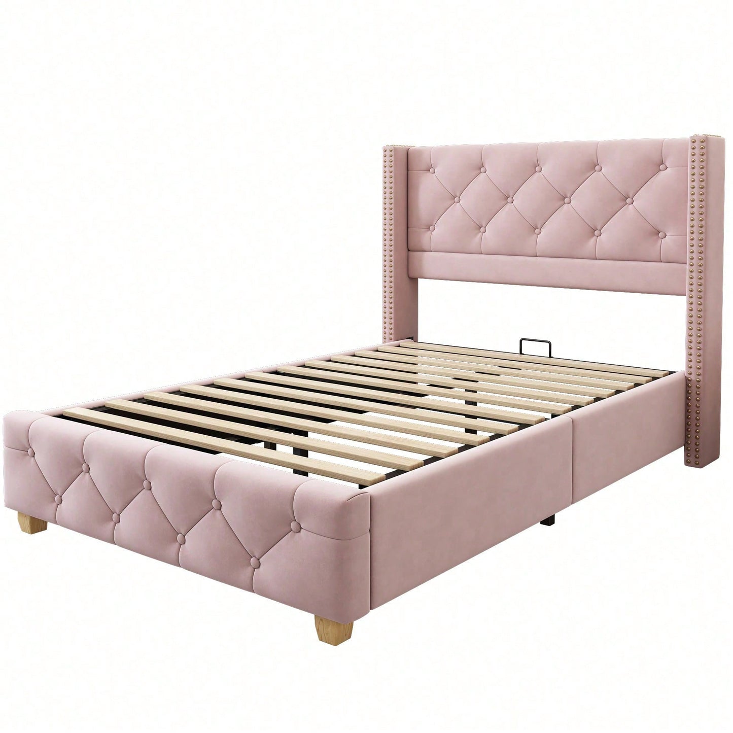 Polsterbett 90*200cm mit Lattenrost und Kopfteil, Knopfpolsterung, Nietenpolsterung, Holzbeine, Samt,Rosa (Matratze nicht enthaltet)