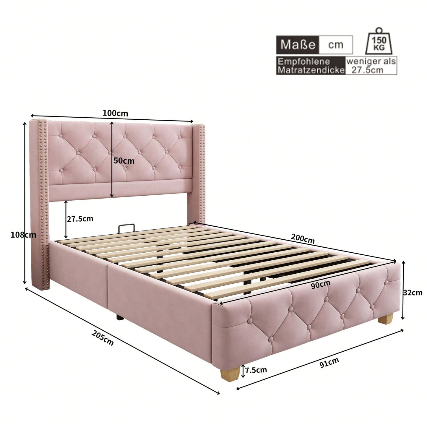Polsterbett 90*200cm mit Lattenrost und Kopfteil, Knopfpolsterung, Nietenpolsterung, Holzbeine, Samt,Rosa (Matratze nicht enthaltet)