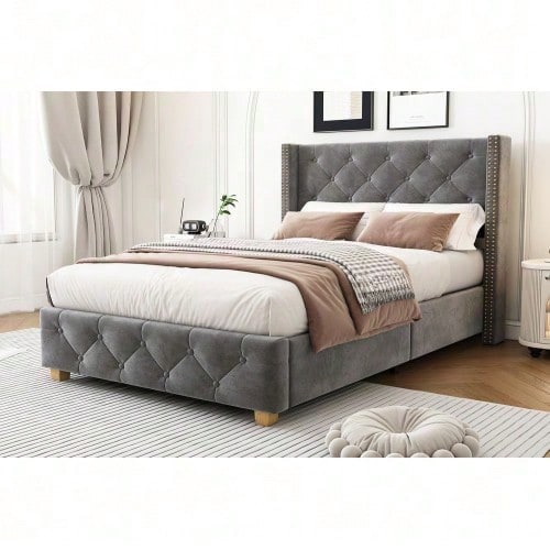 Polsterbett 90*200cm mit Lattenrost und Kopfteil, Knopfpolsterung, Nietenpolsterung, Holzbeine, Samt,Rosa (Matratze nicht enthaltet)